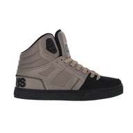 Gray high-top sneaker with black sole on a white background