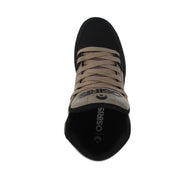 Black and beige sneaker with 'osiris' branding on a white background