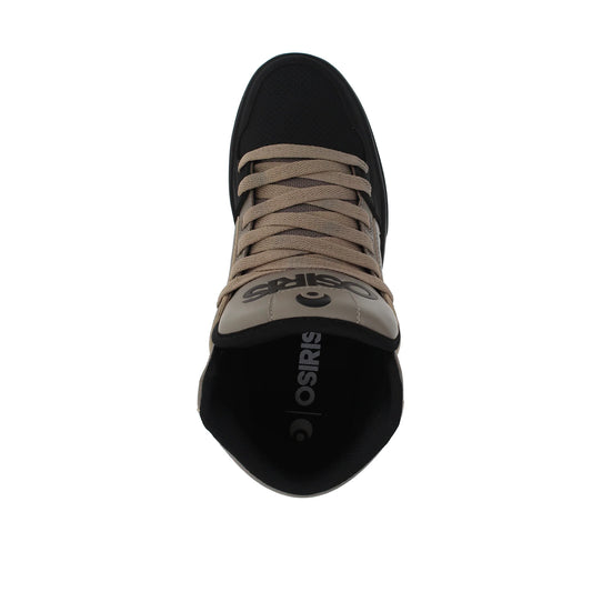 Black and beige sneaker with 'osiris' branding on a white background