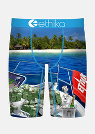 Ethika boxer briefs with a tropical island scene and money graphics on a white background