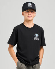 Child wearing a black t-shirt and cap with 'The Mad Hueys' logo on a gray background