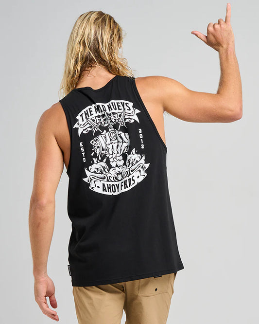 Person wearing a black sleeveless shirt with white graphics and text, pointing upwards.