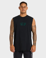 Man wearing a black sleeveless shirt with a logo on a white background