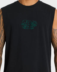 Black sleeveless shirt with a green logo on a white background