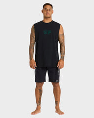 Man wearing a black sleeveless shirt and shorts on a white background