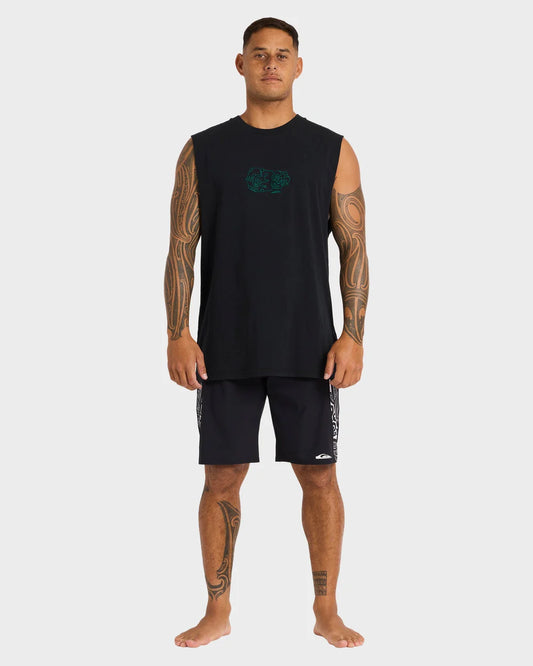 Man wearing a black sleeveless shirt and shorts on a white background