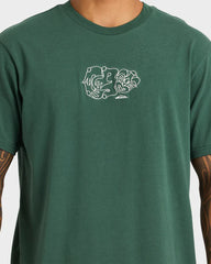 Green t-shirt with a white graphic design on a plain background