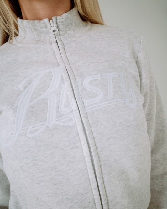 Gray zip-up hoodie with white branding on a plain background