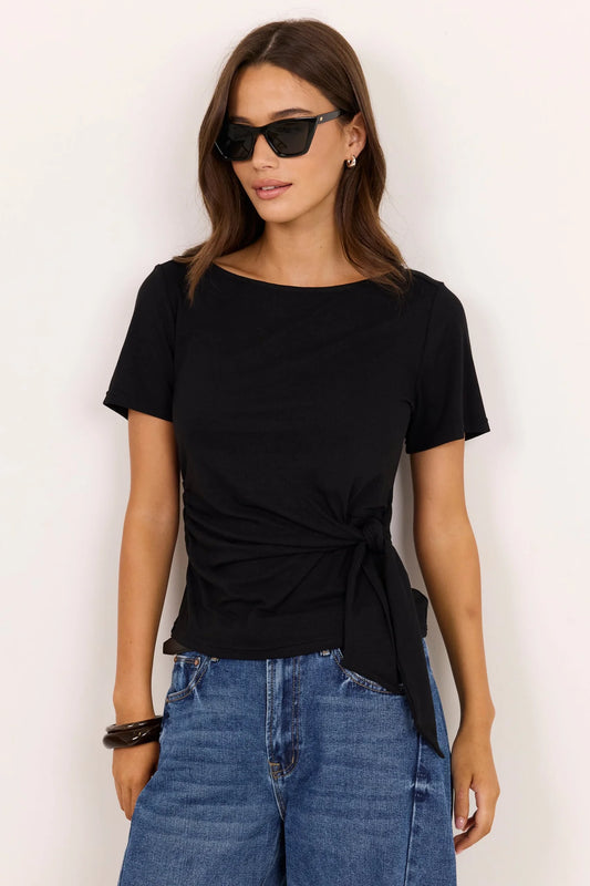 Among The Brave Turn Boat Neck Knot Front SS Tee - Black