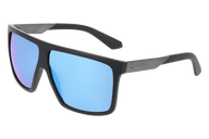 Sunglasses with blue lenses and black frame on a white background