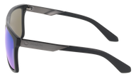 Sunglasses with black frame and purple-tinted lenses on a white background