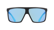 Sunglasses with black frame and blue-tinted lenses on a white background