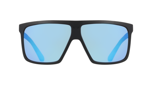 Sunglasses with black frame and blue-tinted lenses on a white background