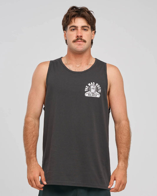 A man wearing a dark charcoal gray sleeveless tank top with a white graphic print on the left chest, photographed against a solid light gray background.