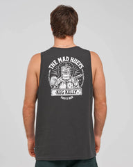 A man viewed from behind wearing a dark charcoal gray sleeveless tank top with a large white graphic print on the back. The graphic features the text 'THE MAD HUEYS', 'KEG KELLY', and with an illustration of a keg and people.