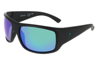 Black sunglasses with blue-tinted lenses on a white background
