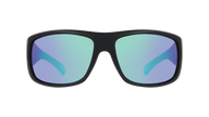 Sunglasses with black frame and blue-tinted lenses on a white background