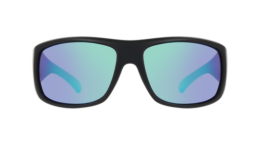 Sunglasses with black frame and blue-tinted lenses on a white background