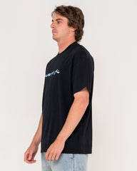 Man wearing a black t-shirt with a logo on a white background
