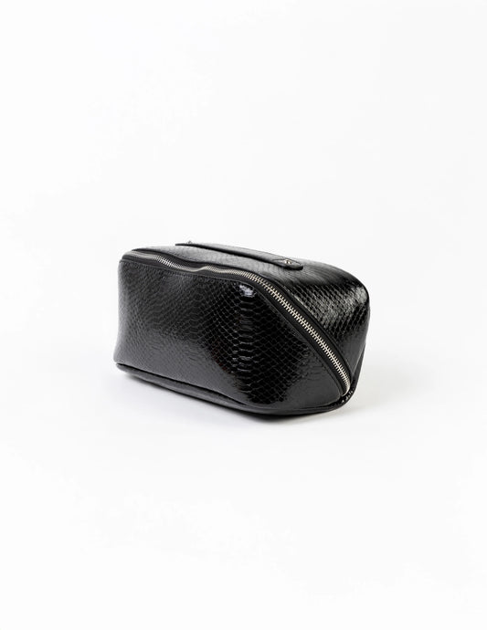 Black cosmetic bag with a zipper on a white background
