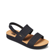Black sandal with tan insole on a white background