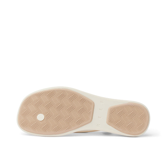 White sole of a shoe with a textured pattern on a white background