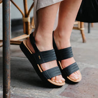 Black sandals worn by a person on a stone floor.