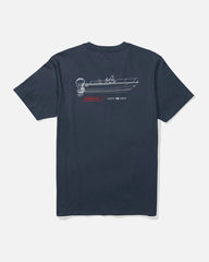 Navy blue t-shirt with a boat graphic on the back against a white background