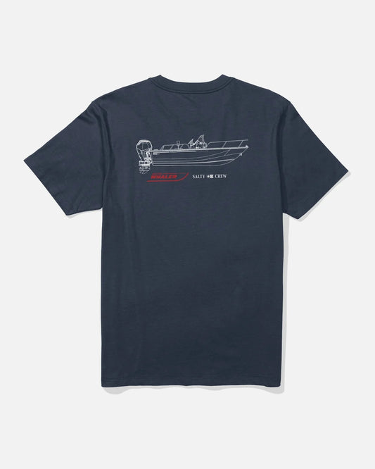 Navy blue t-shirt with a boat graphic on the back against a white background