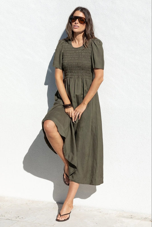 Re-Union Wren Linen Blend Shirred Bodice Midi Dress -  Dark Olive