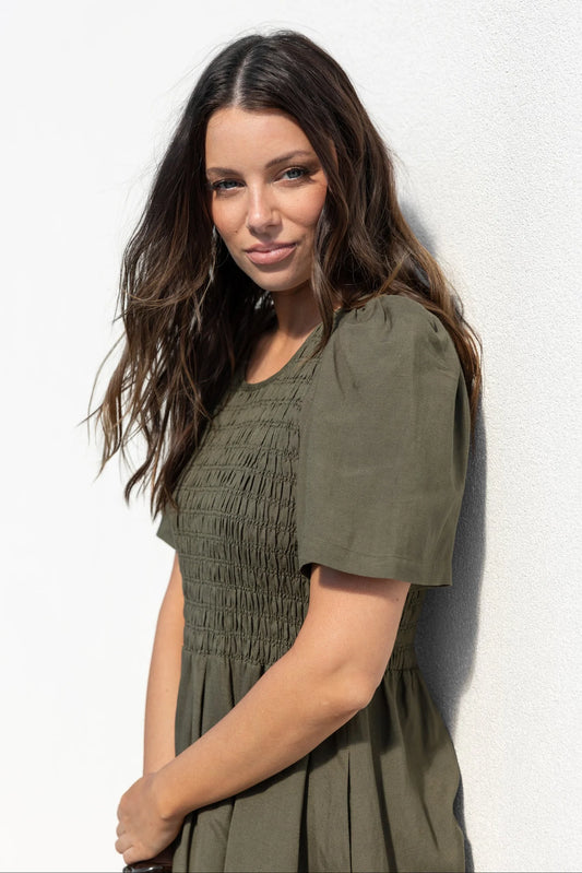 Re-Union Wren Linen Blend Shirred Bodice Midi Dress -  Dark Olive