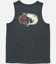 A black sleeveless tank top featuring a graphic of a fish on the chest with the text 'Salty Crew' in a coral-pink script.