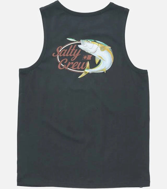 A black sleeveless tank top featuring a graphic of a fish on the chest with the text 'Salty Crew' in a coral-pink script.