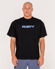 Man wearing a black t-shirt with 'RUSTY' logo on a white background