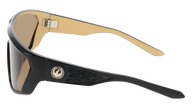 Sunglasses with black and gold frame on a white background