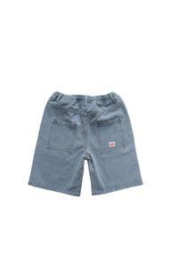 Blue denim shorts on a white background