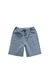 Light blue denim shorts on a white background