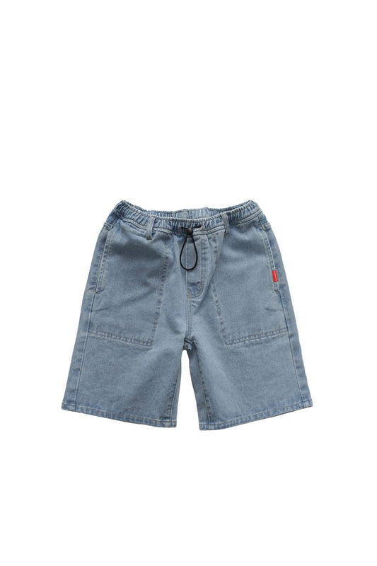 Light blue denim shorts on a white background