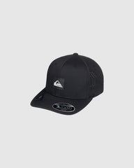 Black cap with a logo on a light gray background