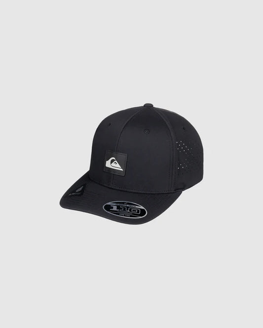 Black cap with a logo on a light gray background