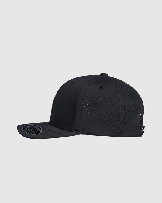 Black cap with perforated design on a light gray background