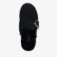 Black slipper with fur lining on a white background