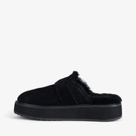 Black slipper with fur lining on a white background