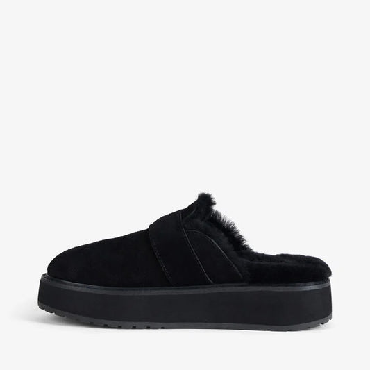 Black slipper with fur lining on a white background