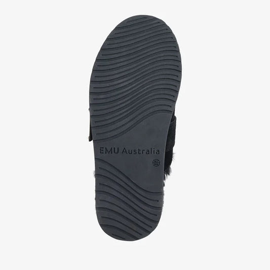 Black sandal sole with 'EMU Australia' branding on a white background
