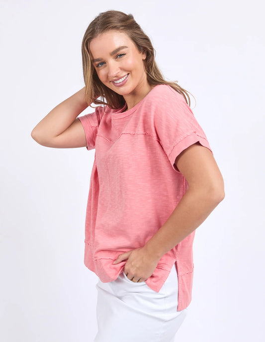 rose coloured tee with raw hemming detailing 