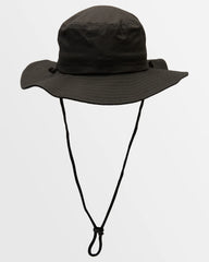 Black wide-brimmed hat with a chin strap on a white background
