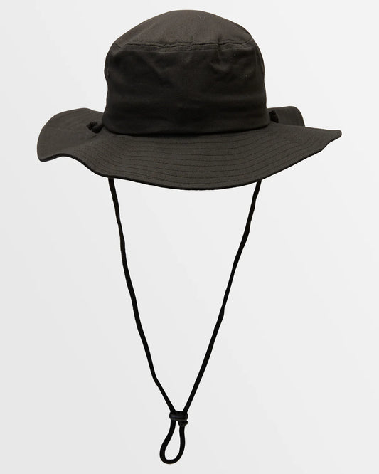 Black wide-brimmed hat with a chin strap on a white background