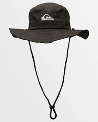 Black bucket hat with a brand logo on a white background
