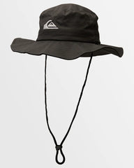 Black bucket hat with a brand logo on a light gray background